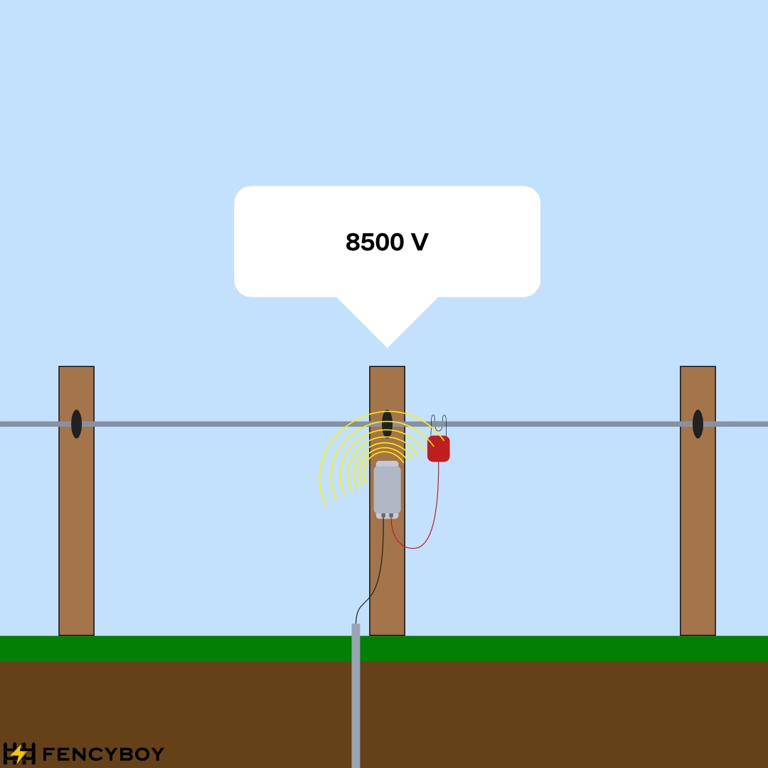Fencyboy sensor connected to fence and earthing rod, measuring voltage