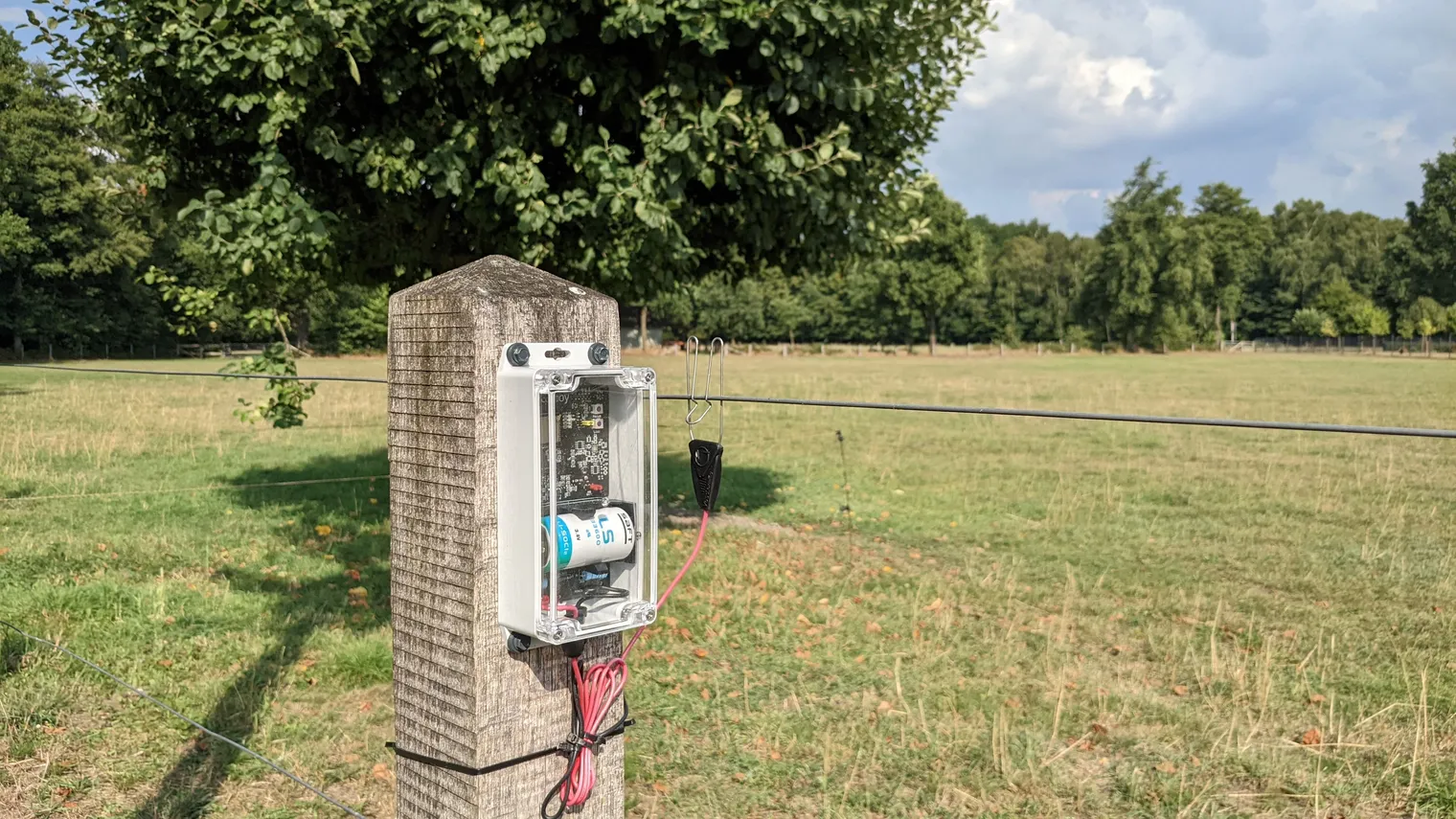 Fencyboy with a big single-use battery mounted on a pole in a sunny field